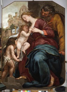Den heliga familjen med Johannes Döparen (olja på duk av Pellegrino Piola