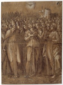 St Ursula med de martyrdödande jungfrurna (penna & brunt bläck förstärkt med vit kroppsfärg på papper tvättat brunt) av Pellegrino (c.1460-1523) Aretusi