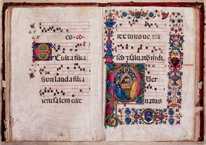 Piccolomini bibliotek: körbok, torsk. 102,8, ff. 47v-48r med "Nativity", av Pellegrino di Mariano.