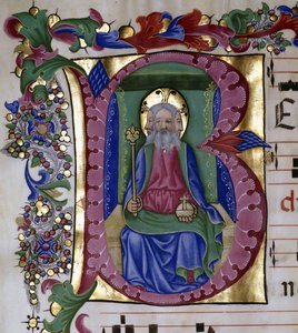 Den heliga treenigheten: Gud Fadern i Hans Majestät på tronen, håller klot och spira, representerad med tre ansikten, inom ett initialt "B", ca 1480
