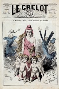 En av ""Klockan"" som representerar en allegori av nationalsången ""La Marseillaise""" som avancerar medan adelsmännen täpper till öronen medan de flyr. Illustration av Pepin. 1878-02-10. Privat samling