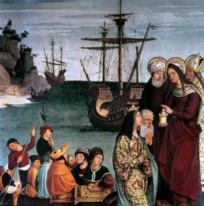 Maria Magdalena går ombord på ett skepp, från altartavlan av Sankt Magdalena av Pera Matas