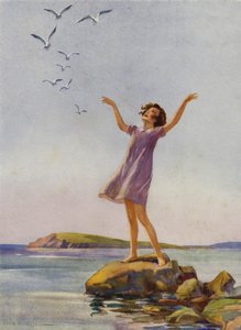 Flicka som njuter av solskenet vid havet (färg litho) av Percy Bell Hickling
