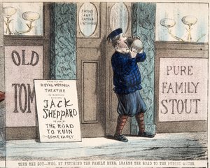 "Pojken - som, genom att hämta familjens öl, lär sig vägen till Public House, pub.c. 1872 (handfärgad gravyr)