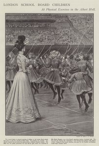 London School Board-barn vid fysiska övningar i Albert Hall (litho)