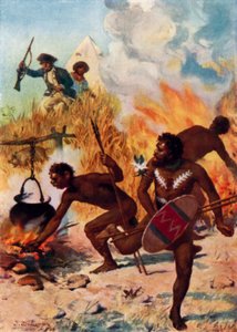 De australiensiska infödingarna på Captain Cooks tid (färg litho)