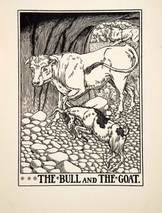 Tjuren och geten, från Aesops hundra fabler, pub.1903 (gravyr) av Percy J. Billingshurst