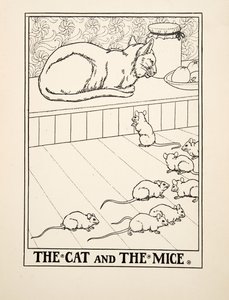 Katten och mössen, från Aesops hundra fabler, pub.1903 (gravyr) av Percy J. Billingshurst