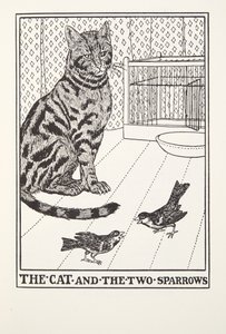 Katten och de två sparvarna, från Fontaine Fables, pub. 1905