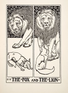 Räven och lejonet, från Aesops hundra fabler, pub.1903 (gravyr) av Percy J. Billingshurst