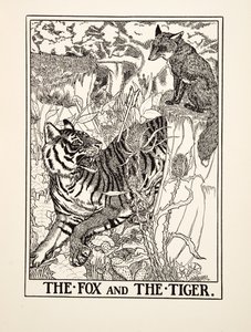 The Fox and the Tiger, från A Hundred Fables of Aesop, pub.1903 (gravyr) av Percy J. Billingshurst