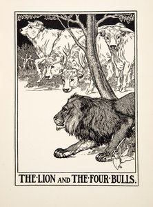 Lejonet och de fyra tjurarna, från Aesops hundra fabler, pub.1903 (gravyr) av Percy J. Billingshurst
