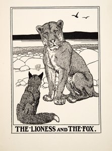 Lejoninnan och räven, från A Hundred Fables of Aesop, pub.1903