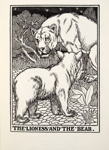 Lejoninnan och björnen, från Fontaine Fables, pub. 1905