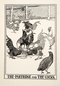 Partridgen och tupparna, från Aesops hundra fabler, pub.1903