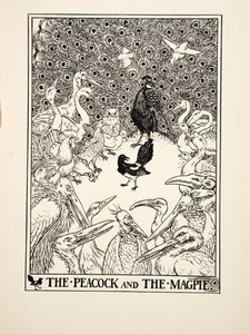 Påfågeln och skatan, från A Hundred Fables of Aesop, pub.1903 (gravyr) av Percy J. Billingshurst