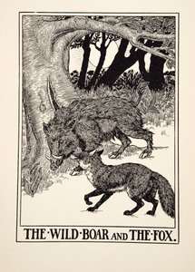 Vildsvinet och räven, från Aesops hundra fabler, pub.1903 (gravyr)