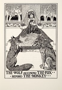 Vargen som anklagar räven före apan, från Fontaine Fables, pub. 1905 av Percy J. Billingshurst