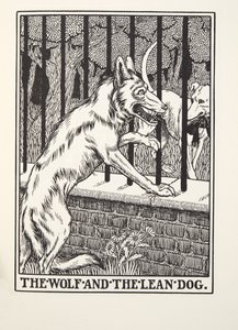 Vargen och den magra hunden, från Fontaine Fables, pub. 1905 (gravyr) av Percy J. Billingshurst