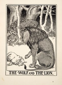 Vargen och lejonet, från Aesops hundra fabler, pub.1903 (gravyr) av Percy J. Billingshurst