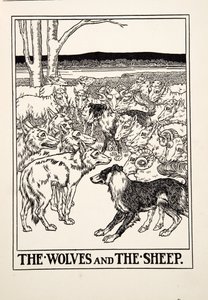 Vargarna och fåren, från A Hundred Fables of Aesop, utgiven 1903 (gravyr) av Percy J. Billingshurst