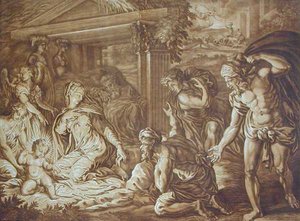 Herdarnas tillbedjan, graverad av Elishah Kirkhall (1682-1742) 1724 (färg litho) av Perino del Vaga
