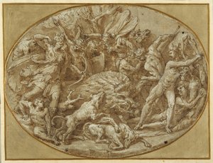 The Hunt of the Calydonian Boar (penna och bläck med brun tvätt och vit förhöjning på papper)