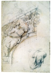 Dekoration av en vägg över en ingångsbåge med en profet och två Puttos, c1525