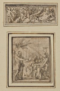 Flodgud omgiven av putti; och Triumf av Marcus Furius Camillus av Perino del Vaga