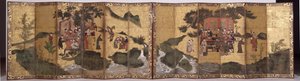 The Eight Immortals of the Wine Cup, c.1600 (bläck, pigment på guld, ett par sexfaldiga skärmar)