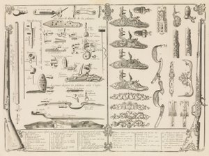 Gravering av skjutvapendelar, ca. 1750., ca. 1750. av Perrier