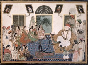 En europé, förmodligen Sir David Ochterlony (1758-1825), i indisk klädsel, rökte vattenpipa och tittade på en nautch i sitt hus i Delhi, ca 1820 (bläck & färg på papper) av Persian School