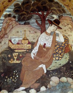 En persisk prinsessa under Abbas I:s styre, vilande 1600-talet. Fresk från Palace of the 40 Columns (Chehel Sotoun) i Isfahan (Isfahan eller Esfahan, Isfahan), Iran. av Persian School