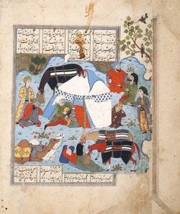 En sovande man halshuggas i sitt tält, ca 1560 (ogenomskinlig akvarell på papper) av Persian School