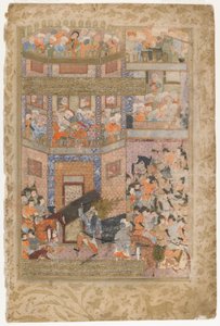 Ali lyfter portarna till Qamus, från en Rawzat al-safa, 1571-72 av Persian School