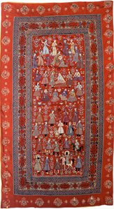 En broderad hängning av rött ullduk med rader av figurer som föreställer Josefs liv av Persian School