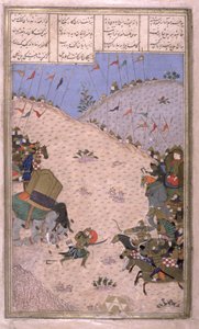 Bahram Chubina, his Elephant Slain, Fights to Fight, illustration från Shahnama (Kungarnas bok), av Abul-Qasim Manur Firdawsi (c.934-c.1020) c.1440-45 (penna, bläck & wc på veläng) av Persian School