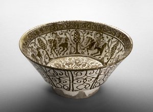 Skål med ryttare, sent 1100-tal (fritkropp, målad i lyster på en ogenomskinlig vit glasyr) av Persian School