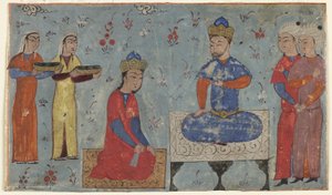 Folio från en Shahnama (Kungarnas bok) av Firdawsi (d.1020); recto: Sindukht Before Sam, Iran (ogenomskinlig akvarell, bläck och guld på papper) av Persian School