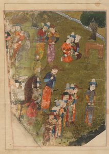 Folio från en Zafarnama; recto: Timur beviljar en publik vid tillfället av sin tillträde till tronen i Balkh; verso: text, Shiraz, Iran, Timuridperioden, 1436 (ogenomskinlig akvarell, bläck och guld på paj av Persian School