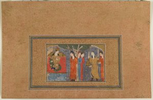 Folio från en oidentifierad text; A Princess Enthroned, Iran, ca 1440-50 (ogenomskinlig akvarell, bläck och guld på papper) av Persian School