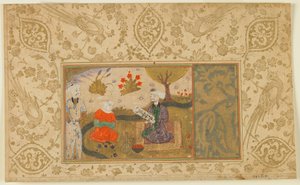 Folio från en oidentifierad text; En kvinna samtalar med en sittande man vid en bäck, Iran, ca 1500 (ogenomskinlig akvarell, bläck och guld på papper) av Persian School