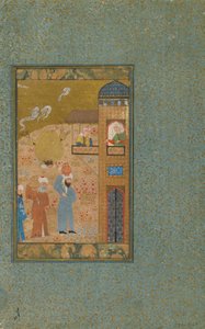 Folio från en oidentifierad text; tergo: Two Men Carrying Pitchers Approach a Building, Shiraz, Iran, c.1520 (ogenomskinlig akvarell, bläck och guld på papper) av Persian School