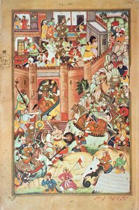 Djingis Khan erövrar en kinesisk stad, miniatyr från "Djingis Khans persiska historia" färdigställd 1596 av Persian School