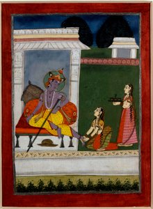 Hinduism: "" Krishna vilar""" En nästa mattar hans fötter. Persisk miniatyr av den indiska skolan på 1600-talet. Rennes, Museum of Fine Arts av Persian School