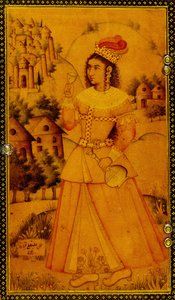 Interiör av ett spegelfodral målat med en stiliserad europeisk dam som håller i en vinkopp och en flaska, 1600-talet av Persian School