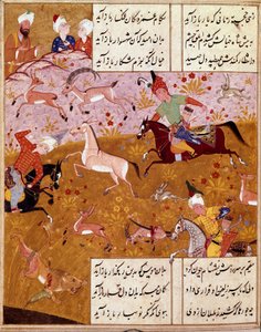 Islamisk konst: "" The King Hunts"" Miniatyr som illustrerar dikterna av den persiske poeten Hafez (Hafiz Shirazi), persiskt manuskript. 1554 San Lorenzo de El Escorial, Kungliga biblioteket i klostret El Escorial, Madrid av Persian School