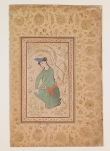 Knäböjande ungdom, tidigt 1600-tal (akvarell på papper) av Persian School