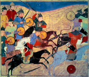 Läcka av Noqai (Kara Nogai Khan (Noghai, Noqai, Nokhai, Nogay, sonson till Djingis Khan, död 1299). Mongoliska ryttare. Persiskt manuskript målat "Summa av berättelser (Djame al-tavarikh) (Djame al-tavarikh)" ” (Folio 155v), skriven av Rachid al-Din Fazl av Persian School