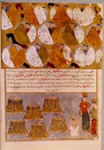 Mongoliska tält och fångar av Djingis Khan (1162-1227): Djingis Khan låter anhängare av Djamuqua, en mongol från Jadjirat-stammen kastas i kittlarna. Persisk miniatyr hämtad från "" Jami al-tawarikh"" (Jami al tawarikh) eller "" Universal History"" av Persian School